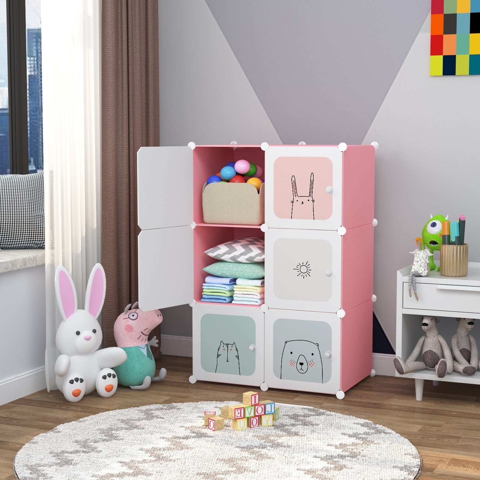 Dulap modular pentru copii, Roz, AT PERFORMANCE®, 6 rafturi Design Colorat cu Desene Jucăușe 🦄🦌🦈🦓